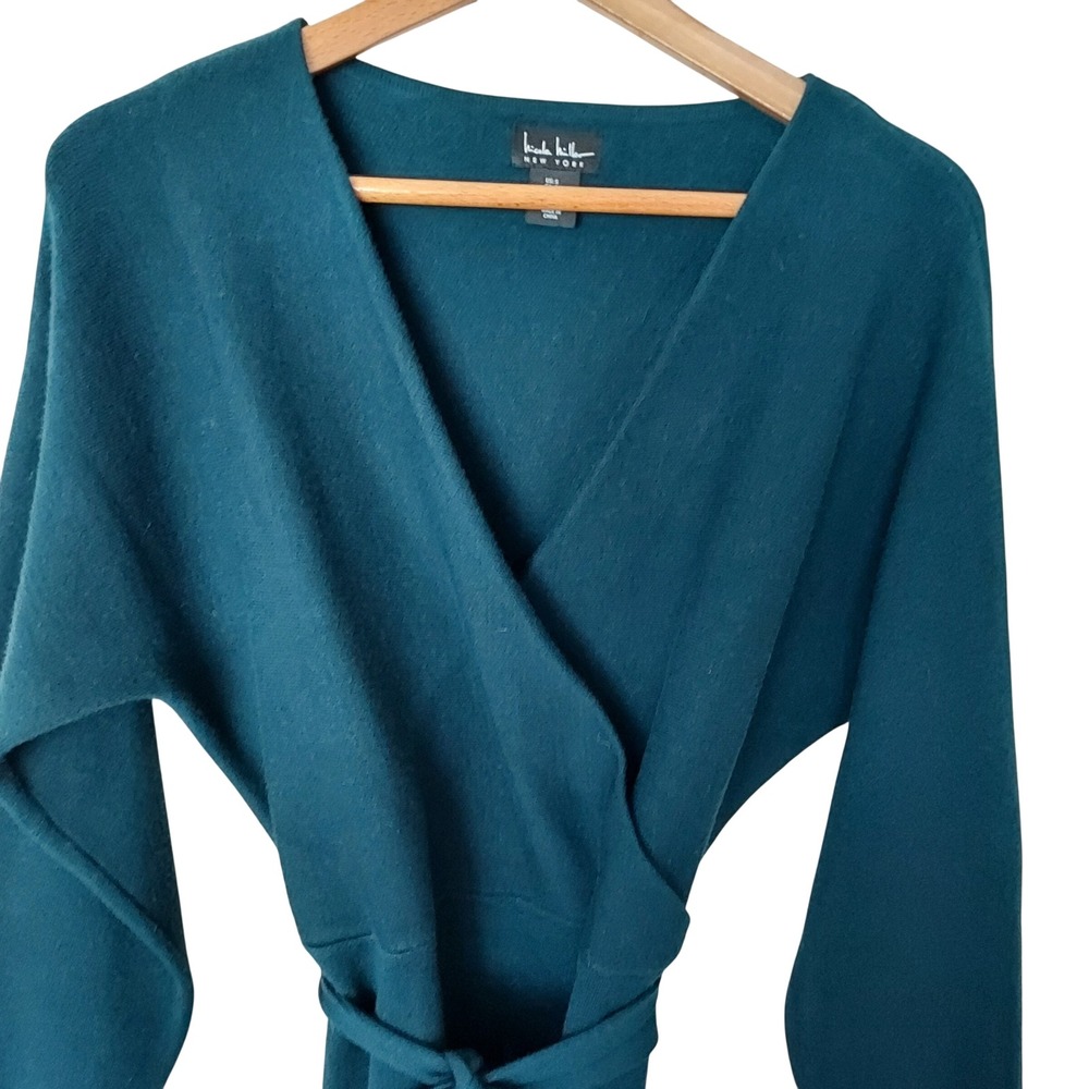 Nicole Miller New York Teal Blue Knit Faux Wrap Midi Dress Long Sleeve Small